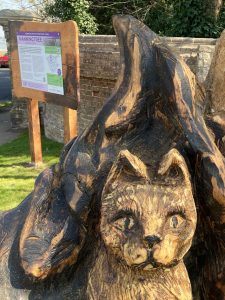 Manningtree information graphic and carving of a cat, cats were thought to be witches familiars