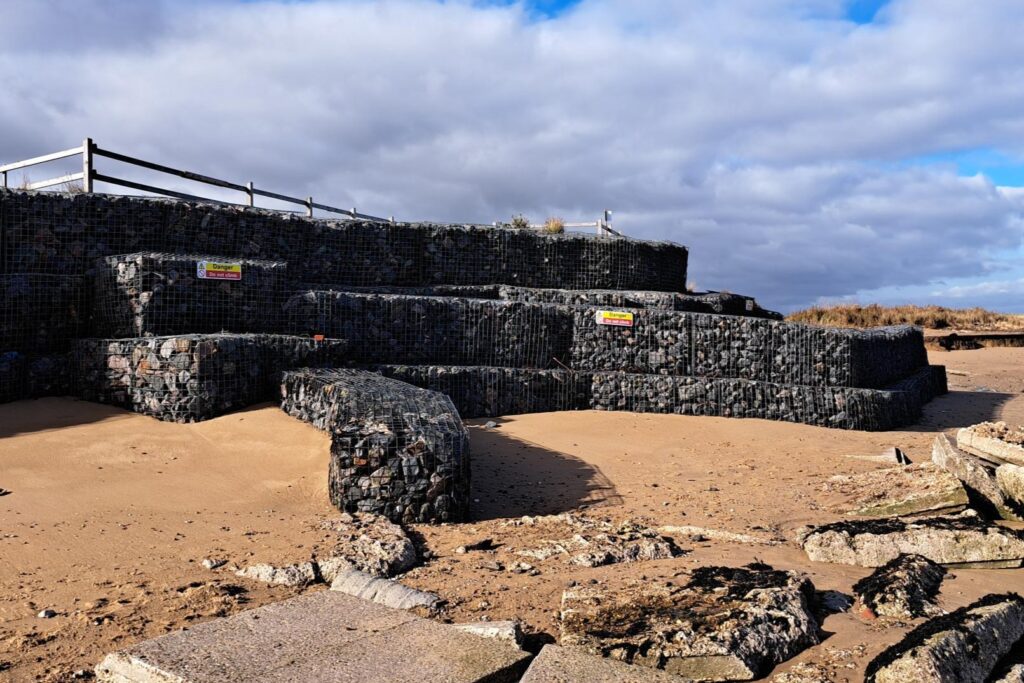 Works - the gabion wall at the north east corner of the Naze, Walton. Image: TDC